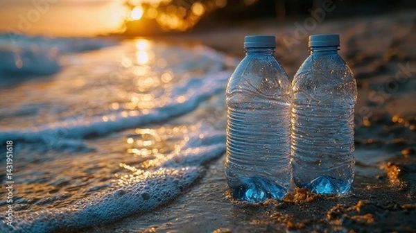 Fototapeta Two water bottles resting on a sandy beach at sunset, waves gently lapping