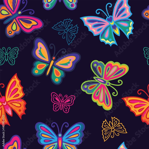 Fototapeta Seamless pattern with colorful butterflies in doodle cartoon style on dark background. Bright and playful illustration