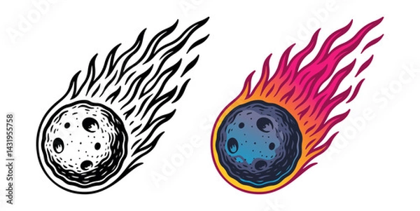 Fototapeta Vintage hand-drawn meteor illustration with flames in black and color version, fiery comet icon isolated on white background