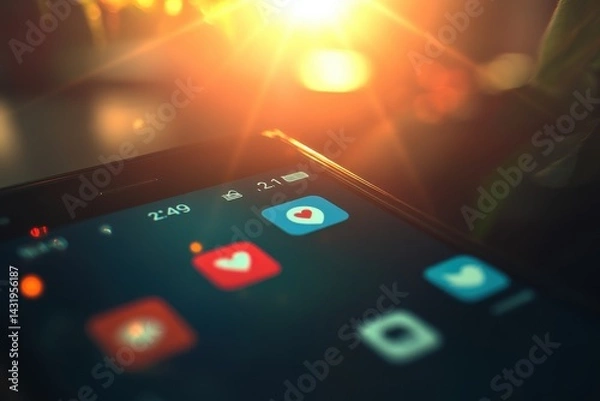 Fototapeta Close-up view of social media icons on a mobile phone screen.