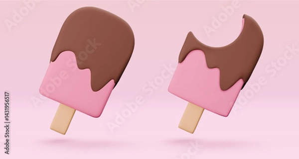Obraz Set pink Ice cream, popsicle with chokolate glaze, 3d render. Design elements. Realistic sweet fast food icon. Vector illustration isolated on white for menu, shop, flyer, banner, web, adv, sale