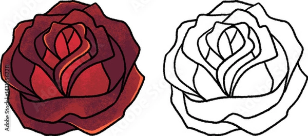 Fototapeta Red rose in traditional tattoo style with halftone shading and bold outline. Black and white version included. Isolated on white background