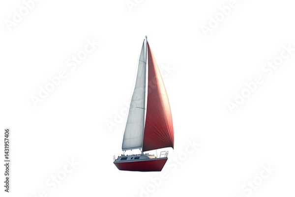 Fototapeta A sailboat with vibrant red and white sails set against a stark black background ideal for nau