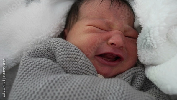 Fototapeta Newborn baby bundled in a cozy blanket with a slight frown, showing signs of discomfort, capturing a moment of early life emotions, wrapped warmly and nestled securely-SD 480p