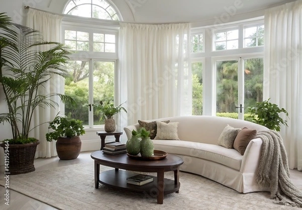 Fototapeta Bright living room with curved sofa, plants, large windows and natural light illuminating the space