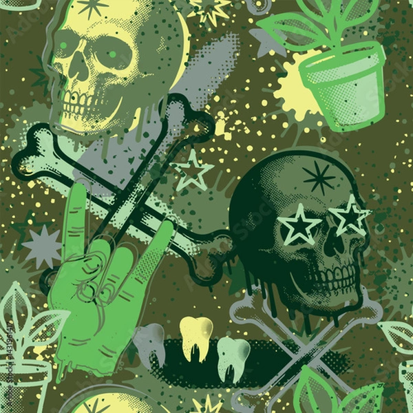 Fototapeta Grunge-style seamless pattern with skulls, bones, stars, plants and hands in green color palette on dark textured background