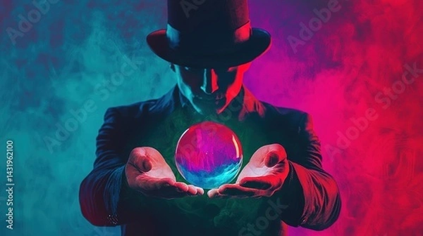 Fototapeta Mystical performance magician predicts future with crystal ball enchanted setting dramatic lighting captivating perspective