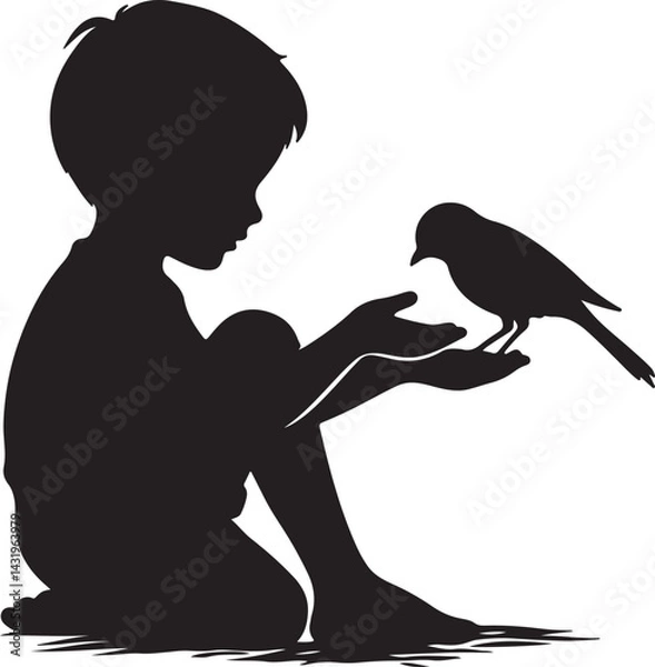Obraz "Child Feeding Bird Silhouette – Innocence and Nature in Harmony"
