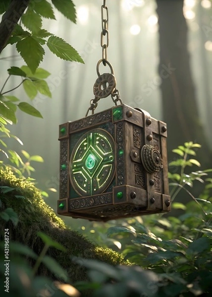 Fototapeta Ornate metal box with green light hanging from chain in forest setting with sunlight streaming through trees