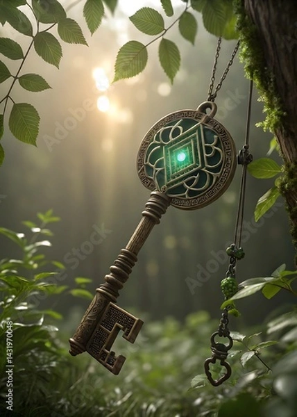 Fototapeta Ornate key pendant hanging from a tree branch in a lush green forest with sunlight filtering through leaves