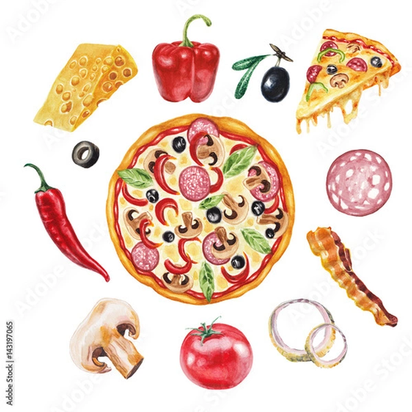 Obraz Watercolor pizza set