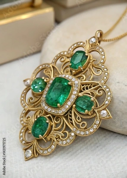 Fototapeta A gold pendant with emeralds and diamonds on a chain resting on a white surface in soft lighting