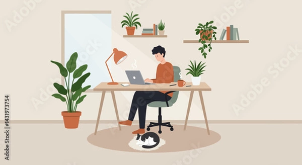 Fototapeta A businessman sitting at a wooden desk in his office works on his laptop, a vector illustration of a person at work
