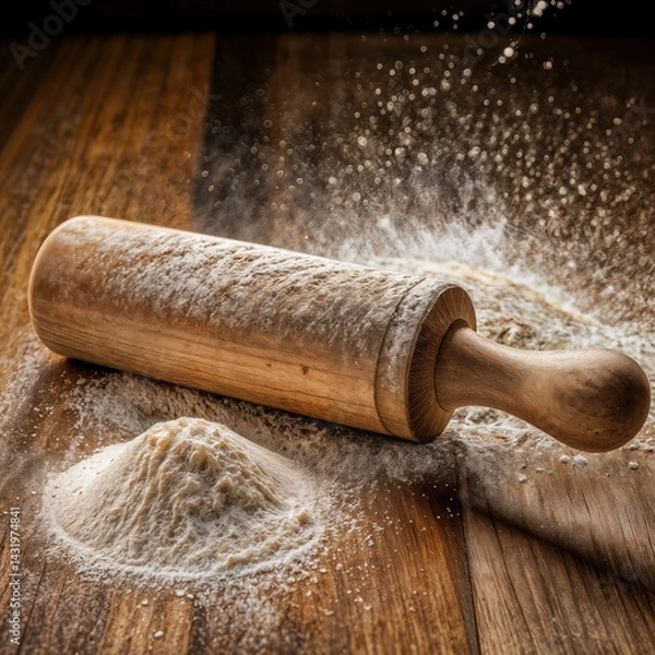 Obraz A wooden rolling pin dusted with flour lies on a floured wooden surface, next to a bowl filled with flour, evoking a baking atmosphere.