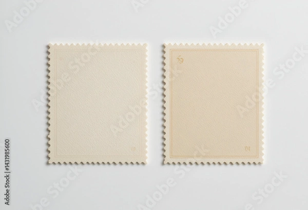 Fototapeta Two Blank Postage Stamps Isolated on White for Mail and Collecting Concepts Featuring Off-White and Beige Unused Stamps with Perforated Edges for Design Elements: Blank, Postage, Stamps, Isolated.