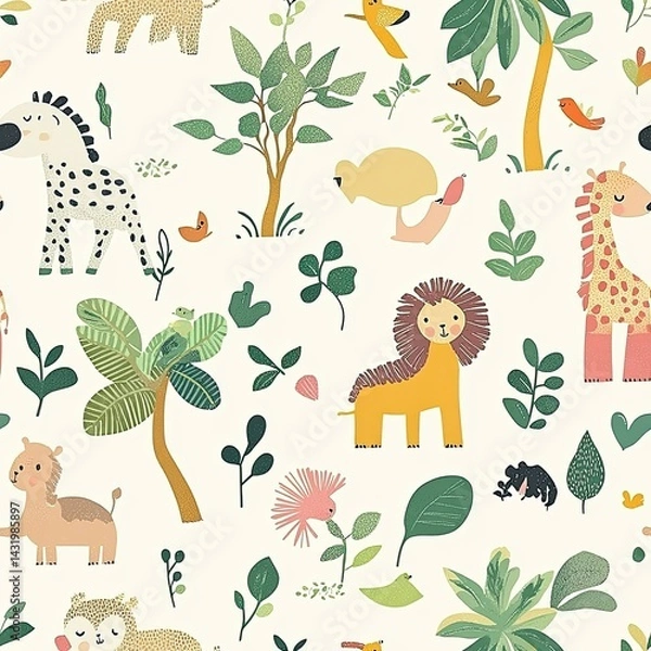 Obraz Adorable Jungle Animals Seamless Pattern: Whimsical Wildlife Illustration for Kids