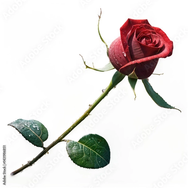Obraz A single red rose with a long green stem and a few dark green leaves, elegantly displayed against a clean white background, symbolizing love.