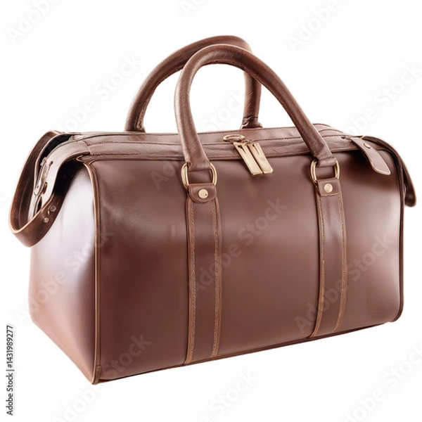 Obraz A classic brown leather duffel bag with dual handles and a zipper closure, designed for travel or gym use, set against a white background.