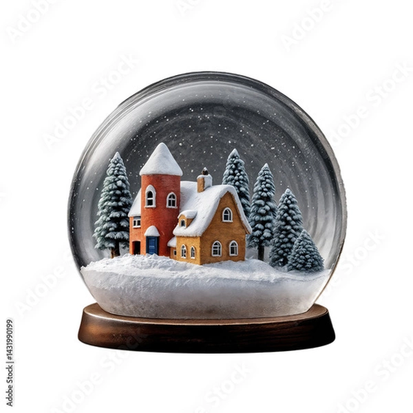 Obraz A charming snow globe featuring a cozy house, tall pine trees, and falling snow, set on a wooden base, evokes festive winter nostalgia.
