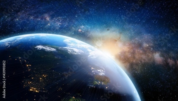 Fototapeta planet earth with appearing sunlight on space background with stars