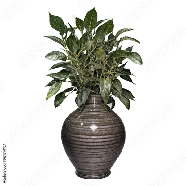Obraz A lush green leafy plant is arranged in a round, dark ceramic vase with horizontal lines, creating a natural and decorative indoor display.