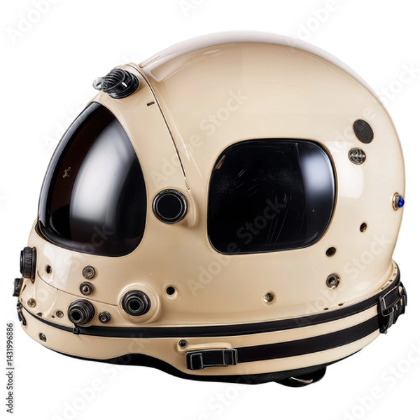 Obraz A modern, high-tech white astronaut helmet with black and orange detailing, designed for space exploration, featuring a dark visor and integrated communication equipment.