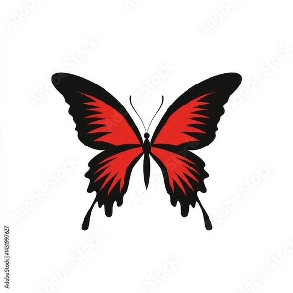 Fototapeta Black and red logo, very simple minimalist butterfly in flight, clean sharp lines, modern vector icon, white background. 