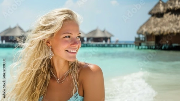 Obraz Blond woman on a tropical beach with overwater bungalows, blue sea, and bright sky