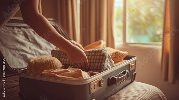 Obraz Traveler packing luggage with clothes for vacation in sunlit hotel room, preparing for journey