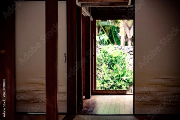 Obraz  石垣島の古民家　扉越しに見える緑