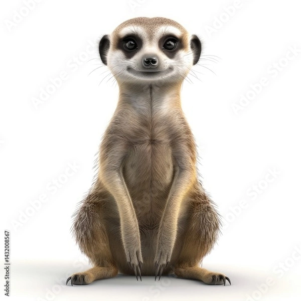 Fototapeta Smiling meerkat, digitally rendered, against a white background.