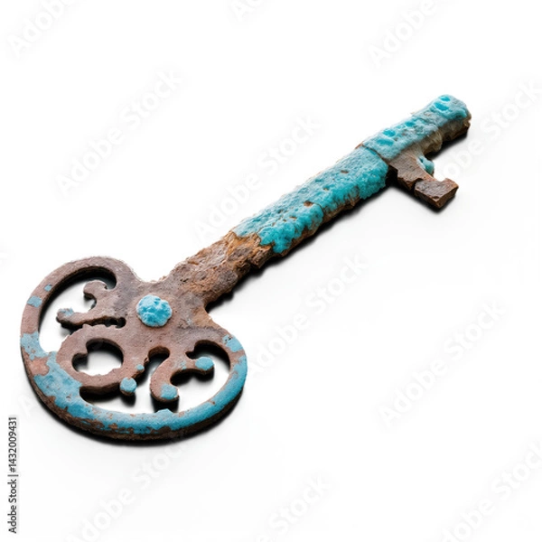 Obraz A rusty vintage key with an ornate, decorative bow and weathered blue-green patina, showcasing intricate detailing and signs of age and corrosion.