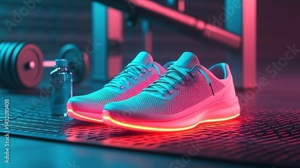 Fototapeta Futuristic running shoes with neon accents showcase in modern gym glowing design high-tech environment dynamic viewpoint