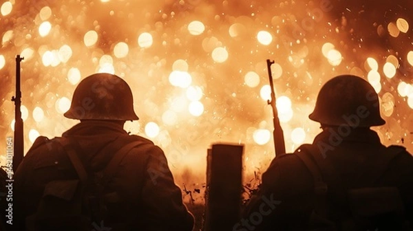 Fototapeta Soldiers in trench warfare battlefield gigapixel standard scale conflict zone dramatic perspective resilience under fire