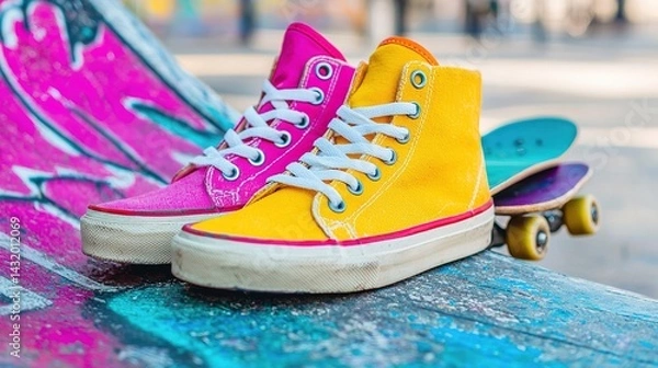 Fototapeta Vibrant skateboarding shoes on a colorful ramp urban skate park lifestyle photography bright environment close-up view