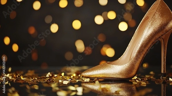 Fototapeta Elegant gold high heels on mirrored surface glamorous setting fashion photography nighttime vibe close-up view