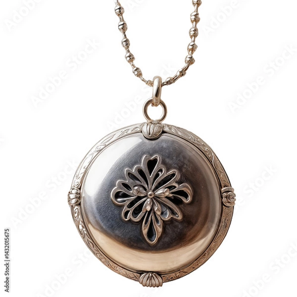 Obraz Elegant silver necklaces displayed on a white background—one with a round floral-engraved locket, the other with a simple heart-shaped pendant, symbolizing timeless beauty.