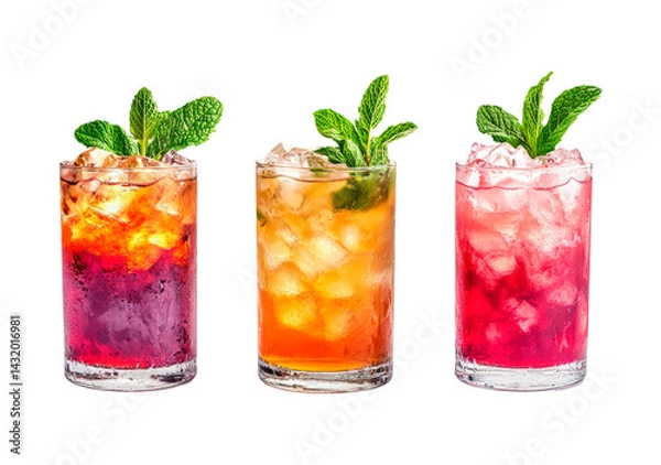 Fototapeta Three colorful cocktails with ice in glasses isolated on transparent background
