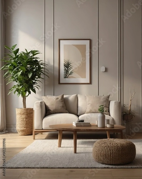 Fototapeta Minimalist living room with one beige sofa, small wooden cabinet, clean floating shelf, white wall with empty frame for artwork mockup, indoor plant, soft daylight, photorealistic 8k background