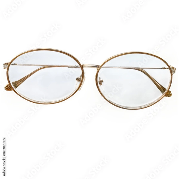 Obraz A pair of vintage-style round eyeglasses with thin, gold metal frames and clear lenses, placed against a white background for a clean, minimalist presentation.