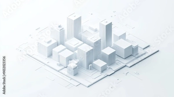 Fototapeta A digital 3D rendering of a sleek, modern city with a clean white aesthetic is set against a plain white background in this image
