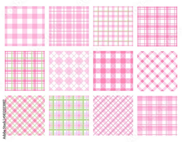 Obraz Spring plaid seamless patterns, Pastel pink and green doodle check and grid seamless vector pattern