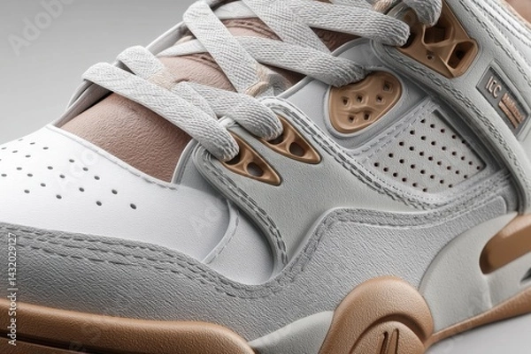 Fototapeta A detailed macro shot of a stylish white and beige athletic shoe, highlighting its texture, design elements, laces, and the premium materials of the footwear.