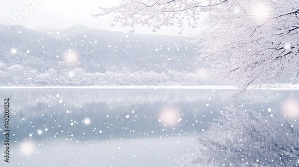 Obraz Winter wonderland landscape with snow-dusted trees and lake reflection.