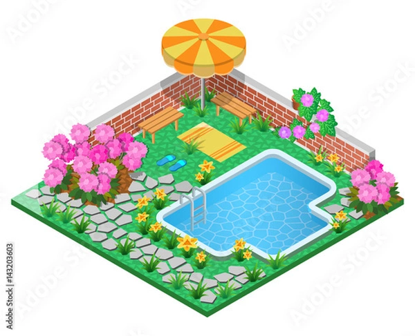 Obraz Ornamental garden with swimming pool, rhododendron ,parasol, wall, towel and pavement. 3D isometric view. Vector illustration.