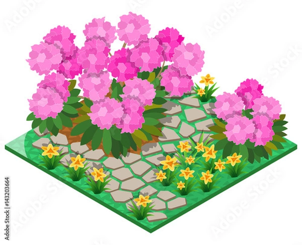 Obraz Ornamental garden with rhododendron, lily and stone pavement. 3D isometric view. Vector illustration.