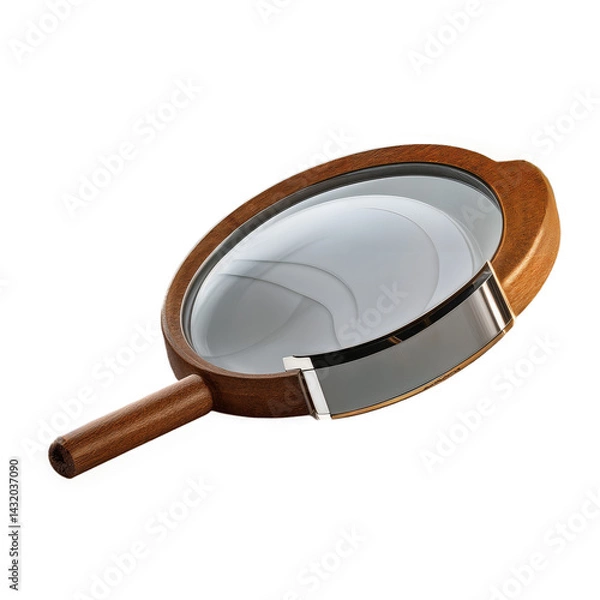 Obraz A magnifying glass with a golden rim and a wooden handle is placed on a white background, showcasing a classic design with a reflective lens.