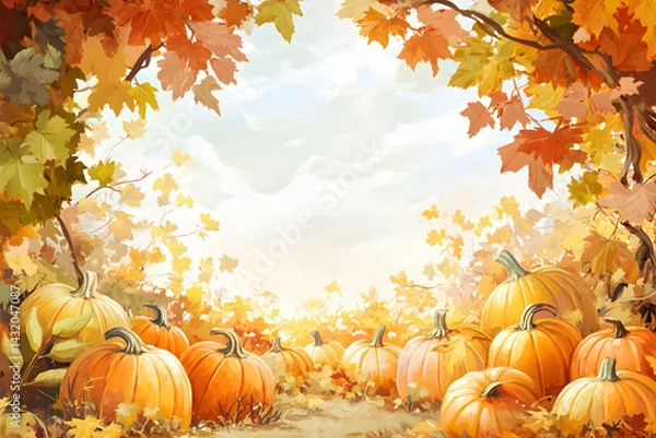 Fototapeta Serene Autumn Scene with Colorful Leaves and Glowing Pumpkins