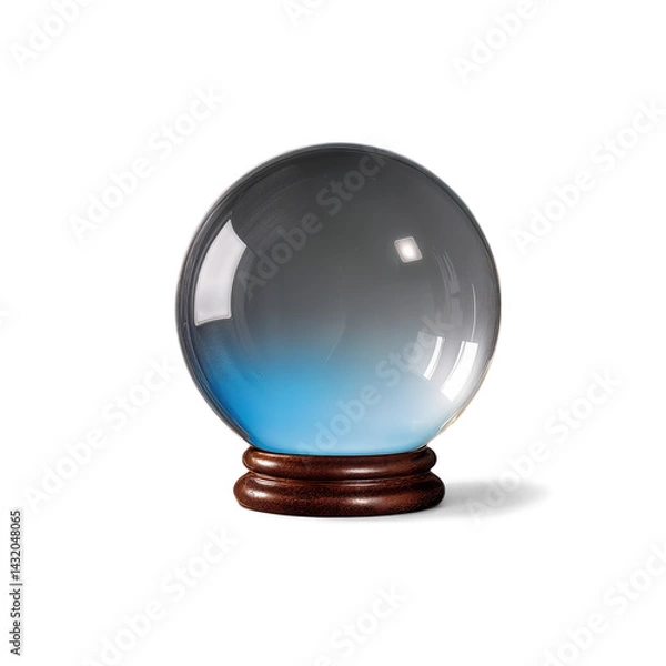 Fototapeta A crystal ball with a gradient blue tint sits on a wooden base, reflecting light and casting a soft shadow on a white background.