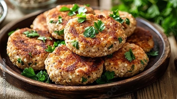 Fototapeta High resulation image of savory ukrainian buckwheat cutlets garnished with fresh parsley, served on a rustic plate over a wooden table, embodying comfort food.